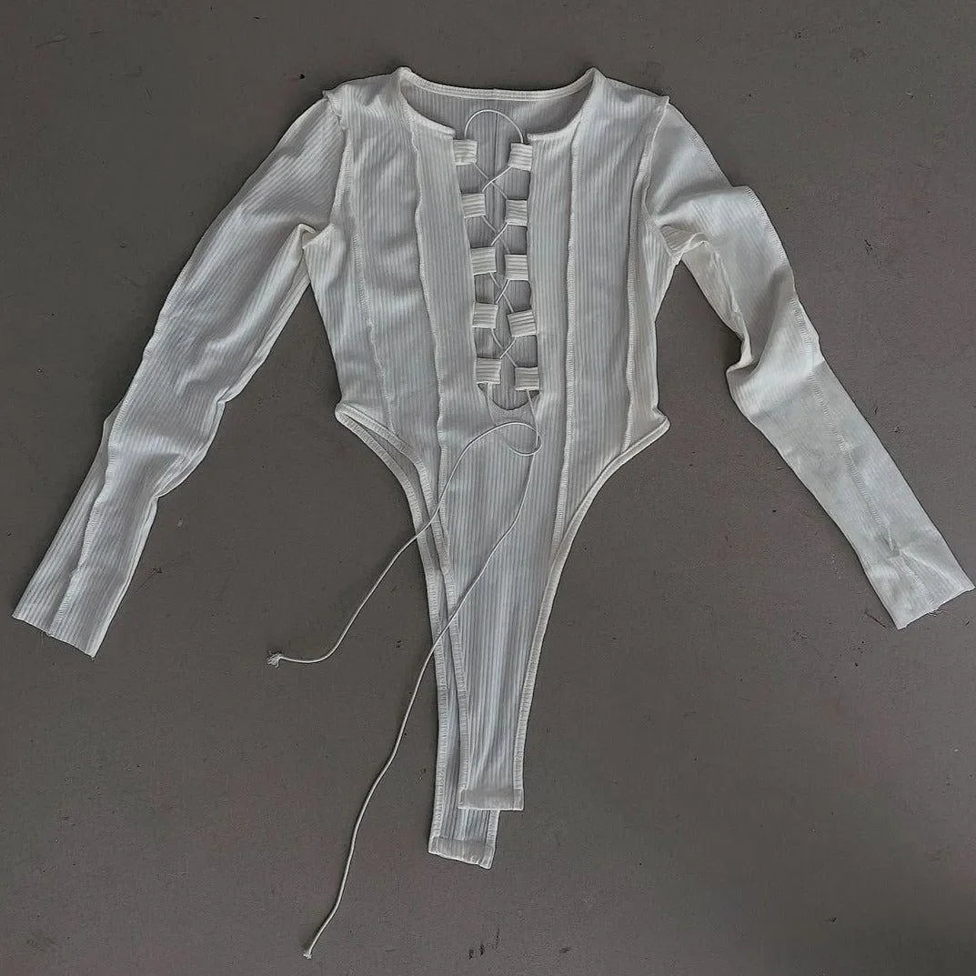White Ribbed Lace-Up Long Sleeve Bodysuit