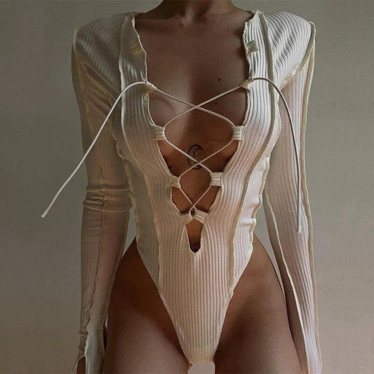 White Ribbed Lace-Up Long Sleeve Bodysuit