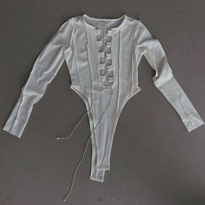 White Ribbed Lace-Up Long Sleeve Bodysuit