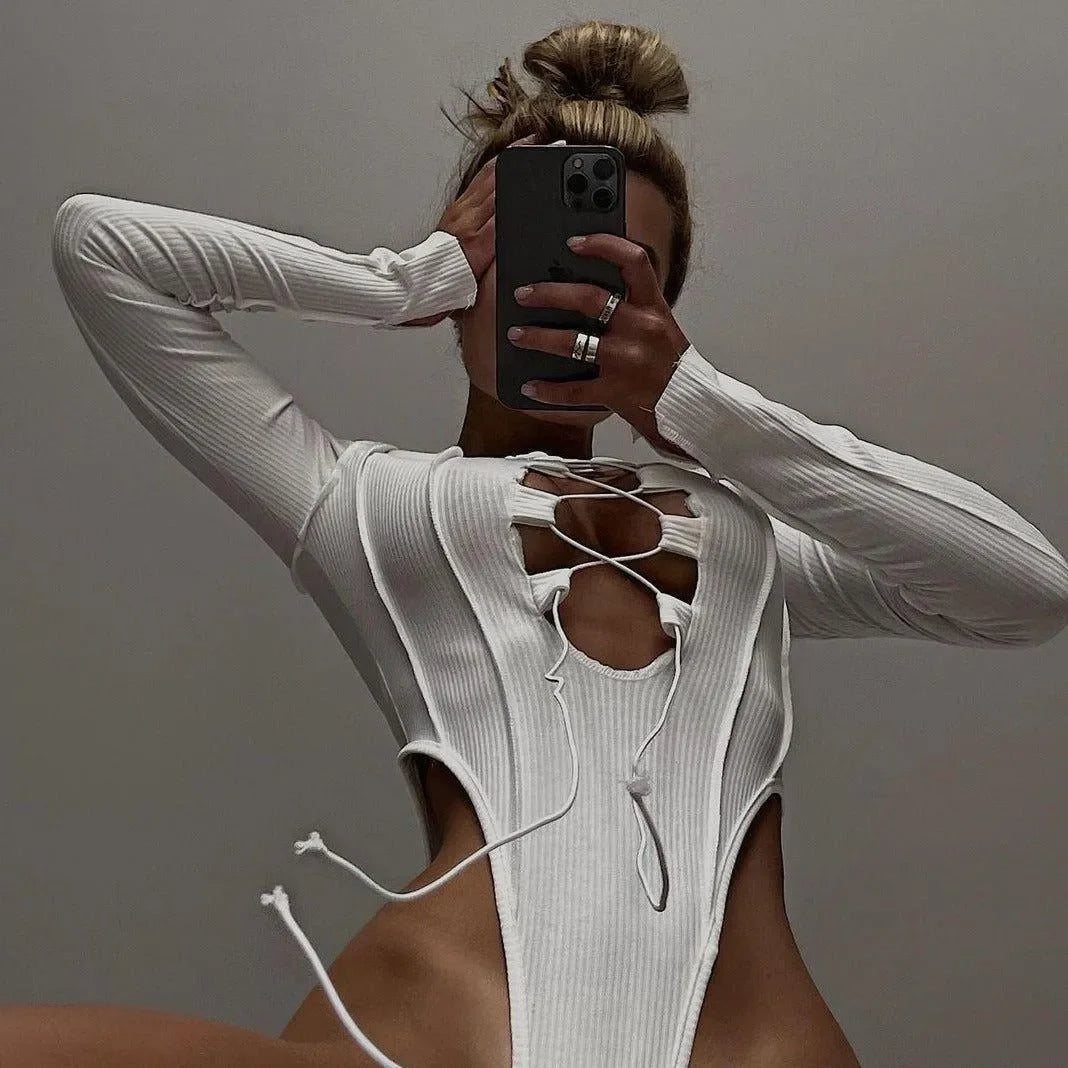 White Ribbed Lace-Up Long Sleeve Bodysuit