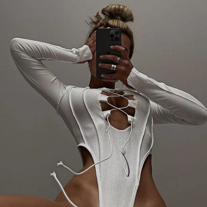 White Ribbed Lace-Up Long Sleeve Bodysuit