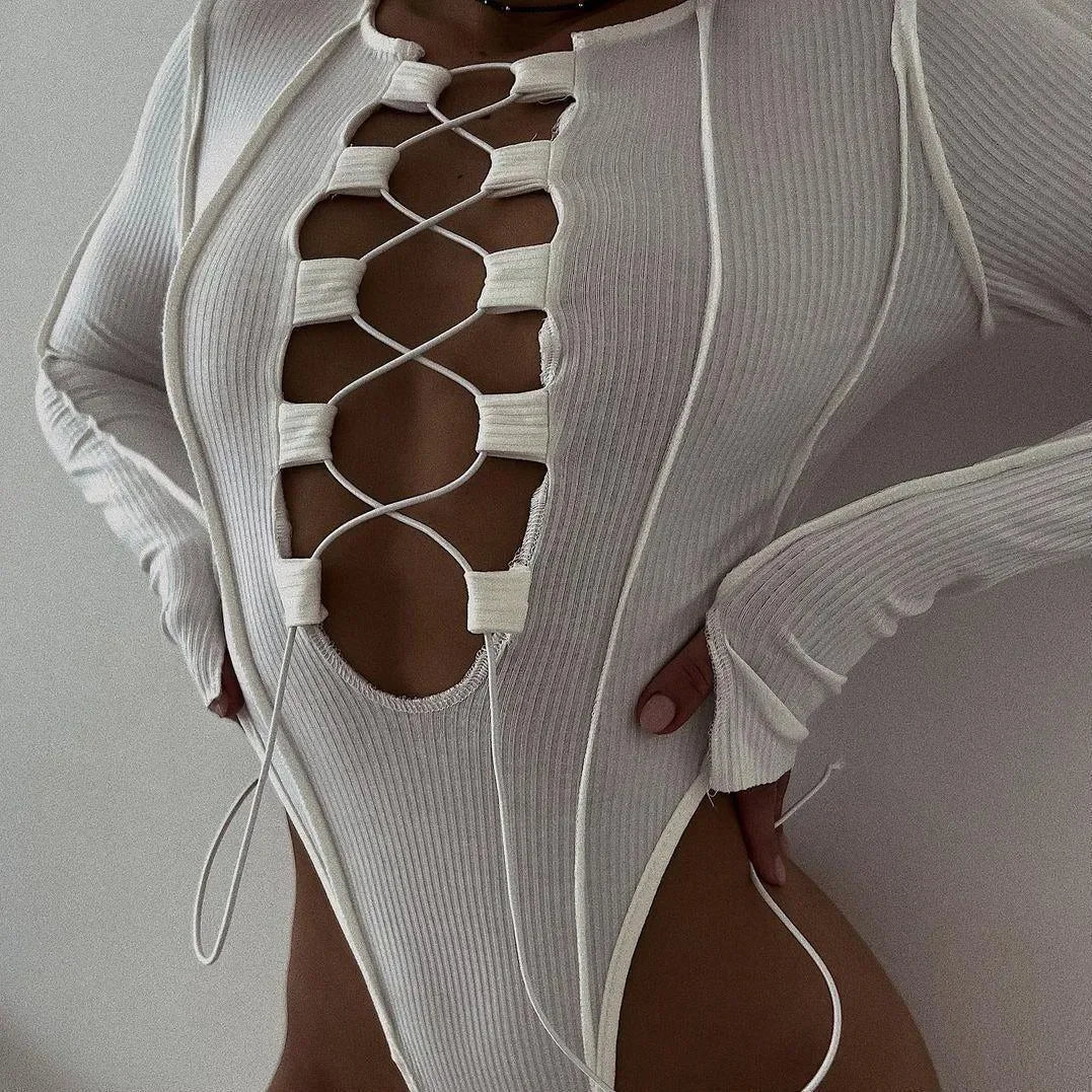 White Ribbed Lace-Up Long Sleeve Bodysuit