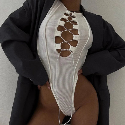 White Ribbed Lace-Up Long Sleeve Bodysuit