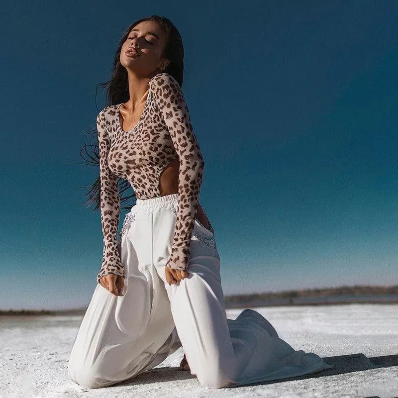 Leopard Print Sheer Mesh Long Sleeve