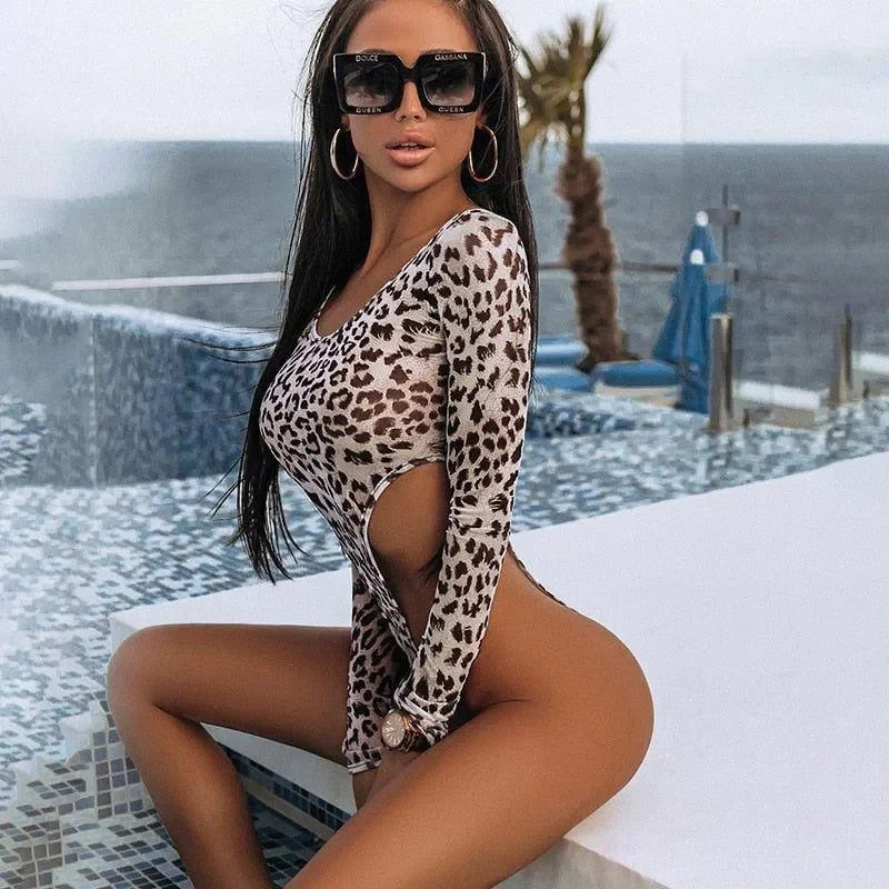 Leopard Print Sheer Mesh Long Sleeve