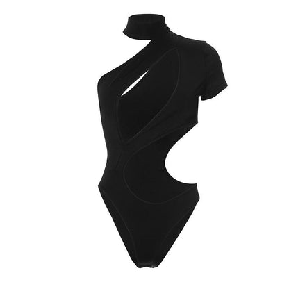 Black Asymmetric Cutout One Shoulder Bodysuit