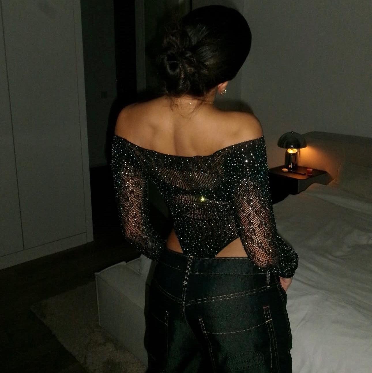 Black Sparkle Rhinestone Off Shoulder Mesh Bodysuit